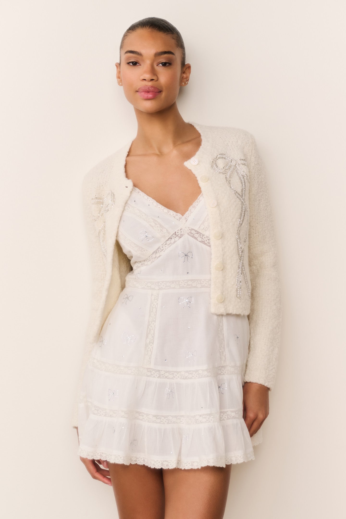 Solbina Crystal Bow Cotton Mini Dress - WHITE