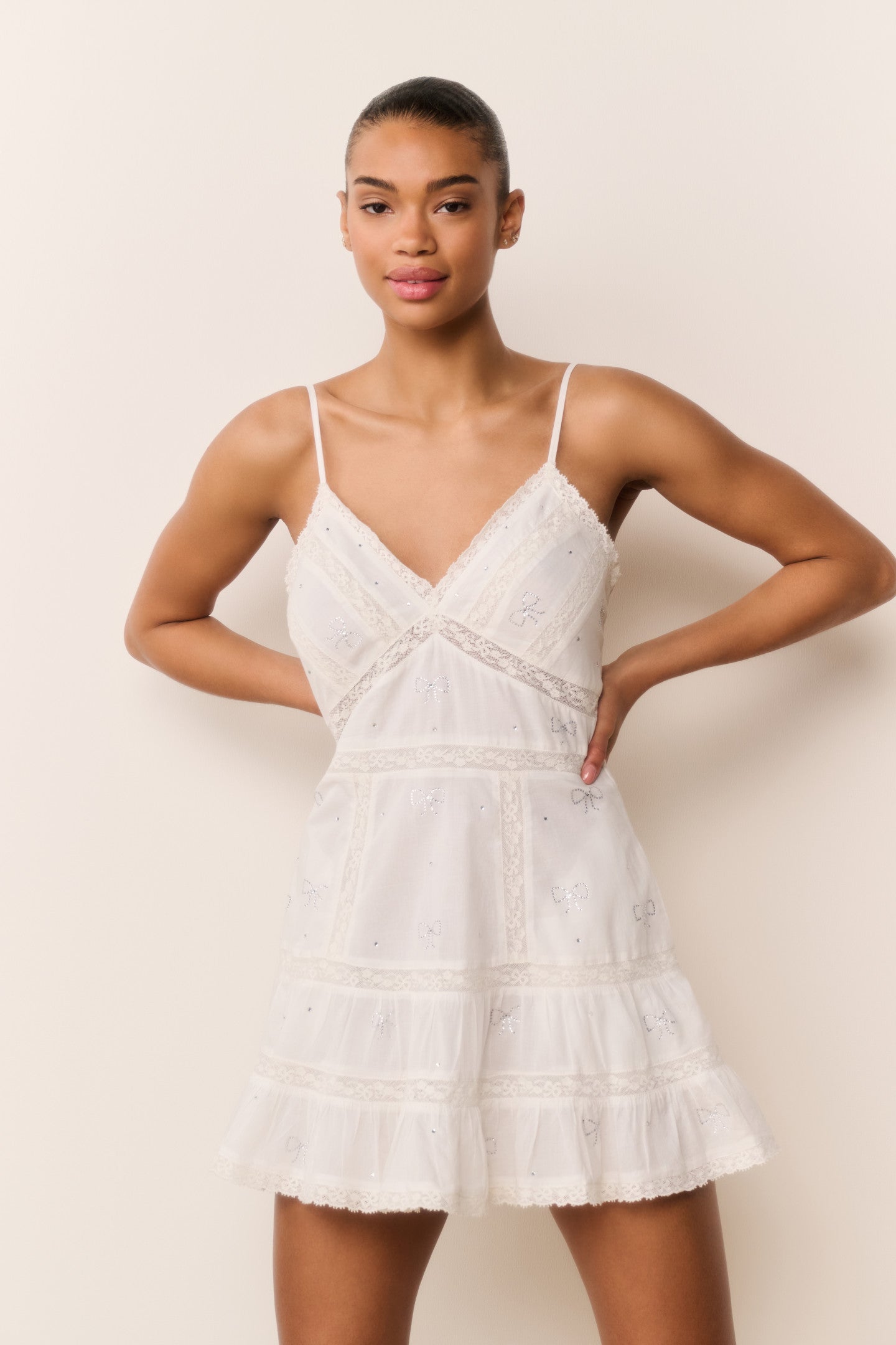 Solbina Crystal Bow Cotton Mini Dress - WHITE